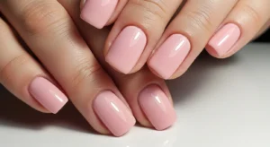 Short nails with glossy baby pink polish, clean and minimal manicure look