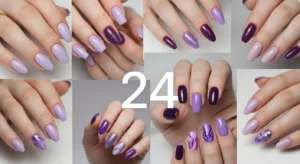 24 purple nail designs including lavender, lilac, plum, ombre, chrome, and glitter nail styles on short and almond nails for trendy and modern manicure inspiration