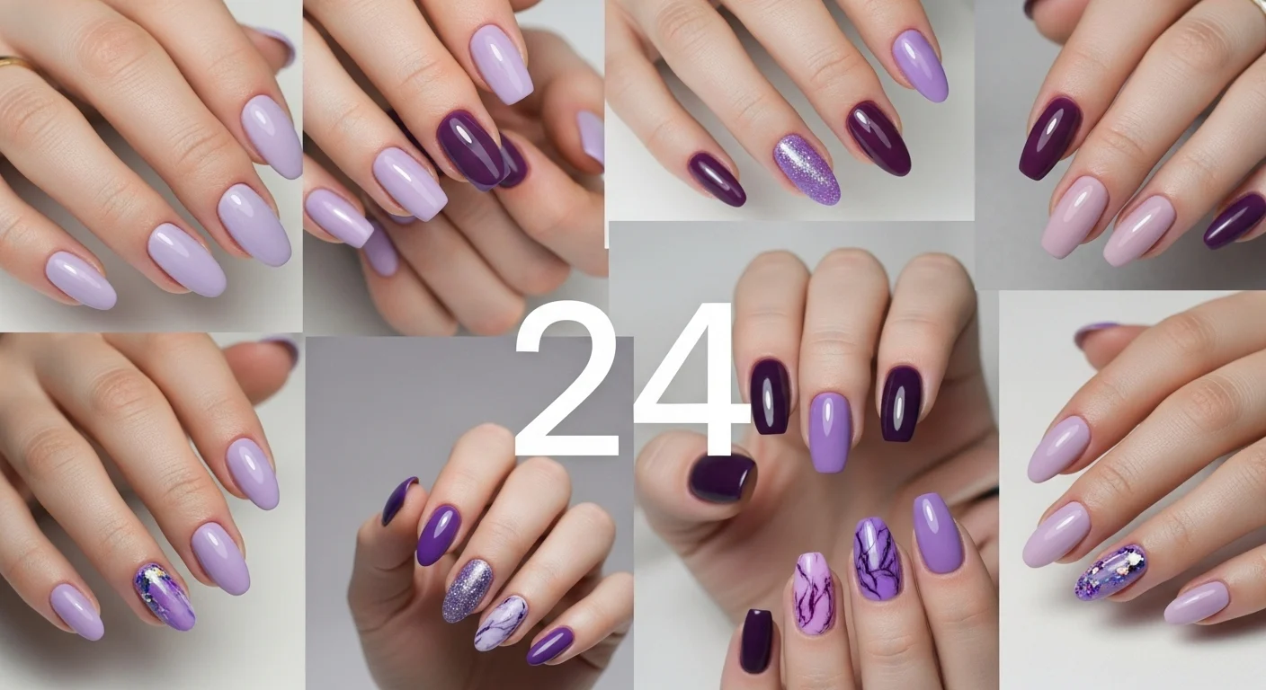 24 purple nail designs including lavender, lilac, plum, ombre, chrome, and glitter nail styles on short and almond nails for trendy and modern manicure inspiration