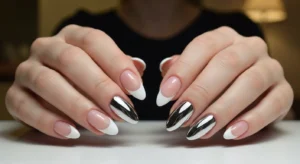 crylic nails with pastel colored French tips, soft tones, glossy finish