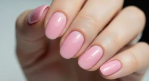 Short soft pink nails shaped to create almond nail illusion