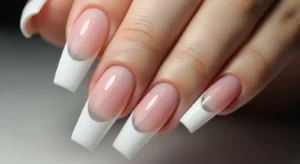 coffin french tip acrylic nails with tapered sides and flat tip for trendy manicure