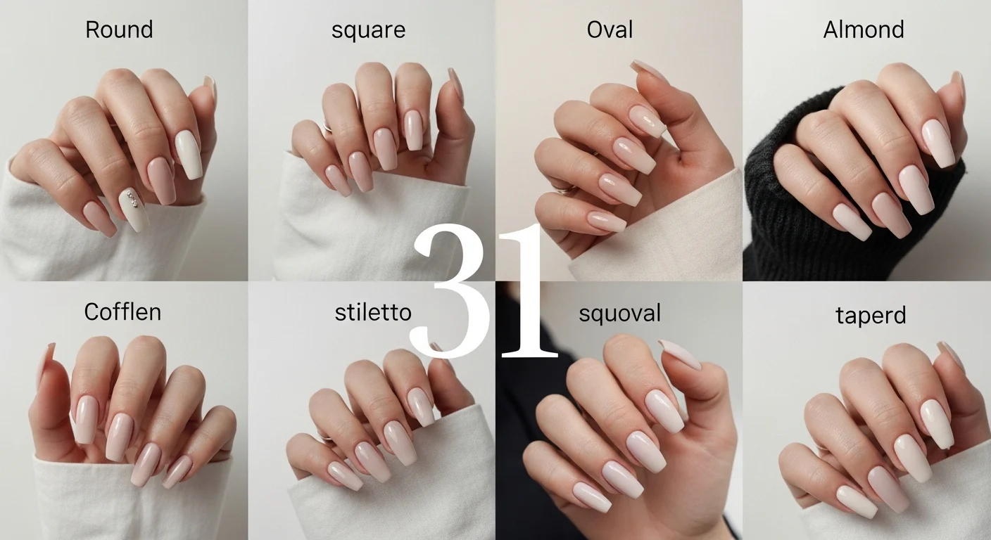 31 types of nail shapes including round, square, almond, coffin, and stiletto nails shown on short natural and long acrylic nails for choosing the perfect manicure shape