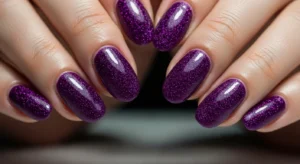 purple glitter nails with full sparkle for festive and eye catching manicure
