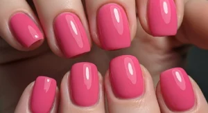 Short nails painted in fun bubblegum pink color