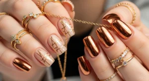 Gold and metallic nail designs on dark skin elegant look