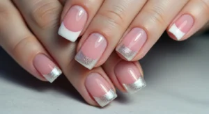 Short nails featuring pink French tips with a glitter accent line