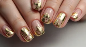 nude short nails with gold foil accent simple elegant manicure