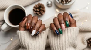 Winter nail ideas for Black women with cozy dark and nude nail colors on dark skin