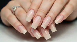 square nail shape with straight edges and sharp corners for a clean structured manicure look
