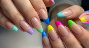 colored french tip acrylic nails with playful and trendy nail design