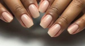 Glossy nude nails shiny clean manicure for dark skin