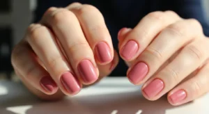 Short nails in dusty rose pink shade for an everyday manicure