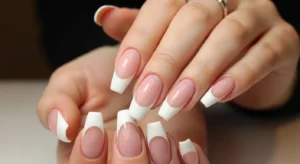 long french tip acrylic nails with extended length for elegant and polished manicure