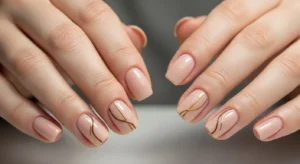 Nude nails with minimal line design modern nail idea