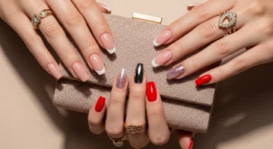 Homecoming nail ideas featuring nude pink chrome and glitter nails for a perfect formal look