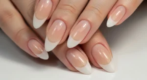 beige french acrylic nails for natural and cozy manicure look