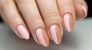Short nails with half pink and half nude design