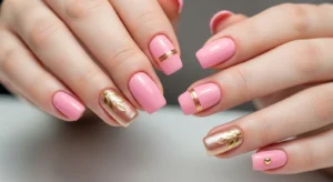 Pink and gold nails homecoming glam nail idea