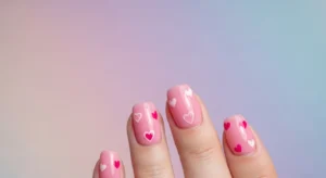 Short pink nails decorated with small heart designs for a cute look