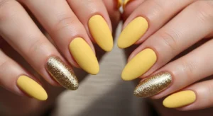 yellow glitter accent nails