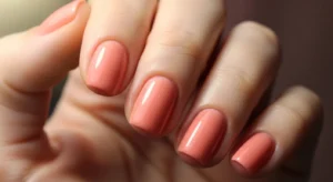 Short nails in peachy pink tone with natural finish