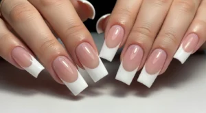 square french tip acrylic nails with structured shape and clean edges