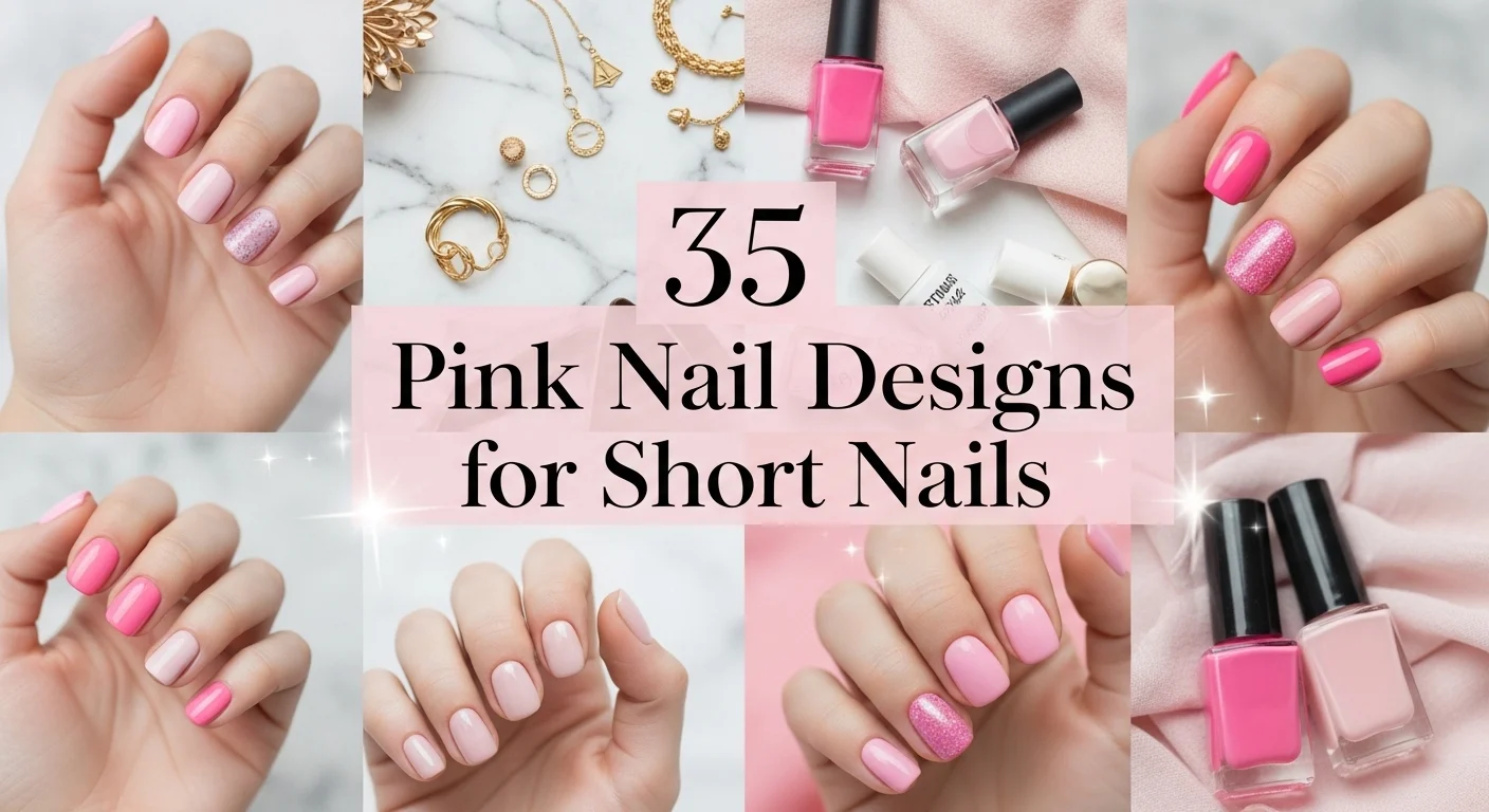 Collage of short pink nail designs including glossy, matte, glitter, ombre, and French tips on neatly manicured hands, styled on a soft feminine beauty background with elegant text overlay “35 Pink Nail Designs for Short Nails”.