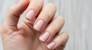 Short milky pink nails with natural glossy finish
