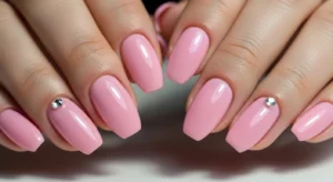 Short pink manicure with rhinestone accent detail