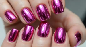 Short nails with shiny pink chrome mirror effect