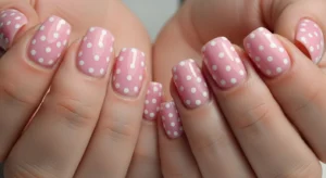 Short pink nails with white polka dot nail art