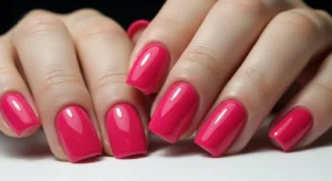 Short nails in bright Barbie pink color with glossy shine