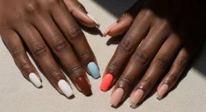 Nail ideas for Black women featuring soft nude, pastel, and glossy standout nail designs on dark skin