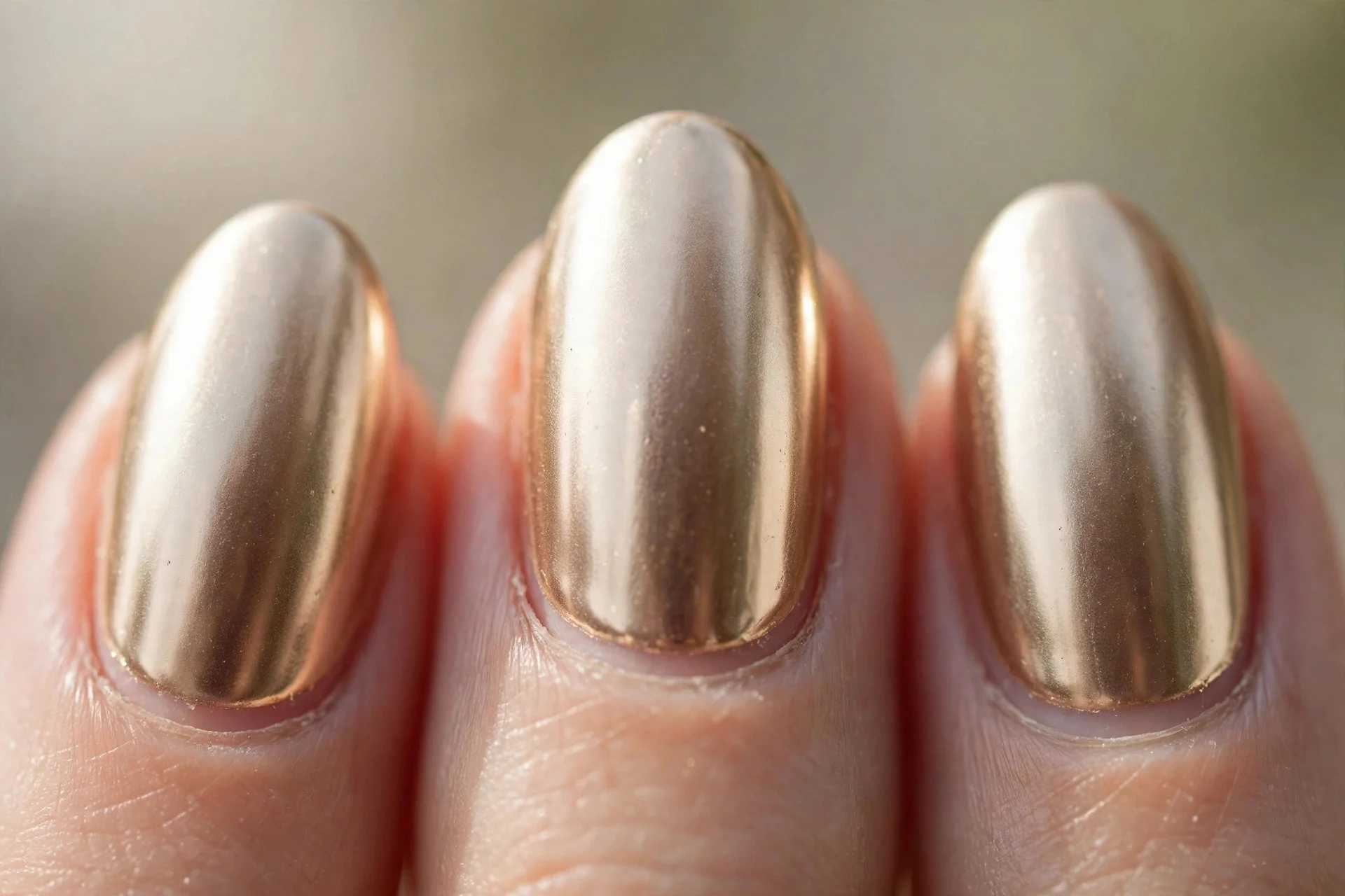 Almond nails in champagne gold chrome with a soft mirror shine