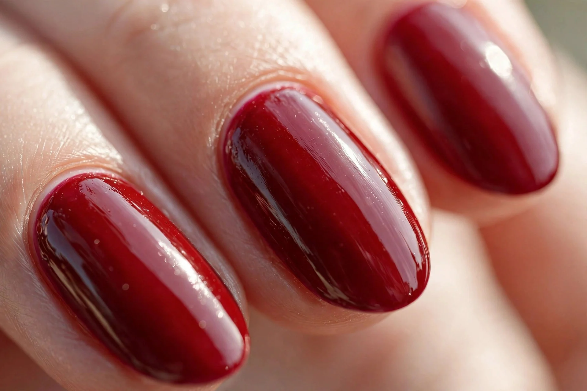 Almond nails in deep cherry red polish with a high-gloss finish