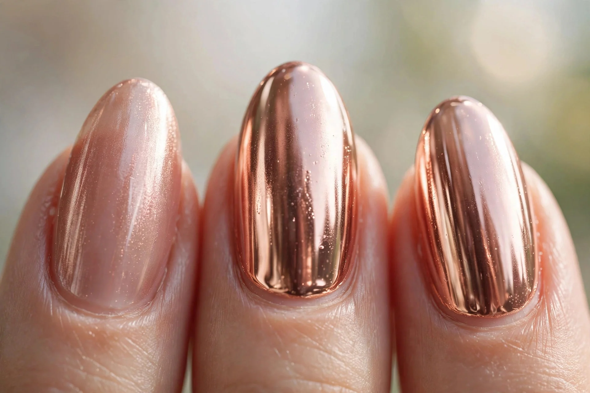 Almond nails in rose gold with a glazed chrome glow