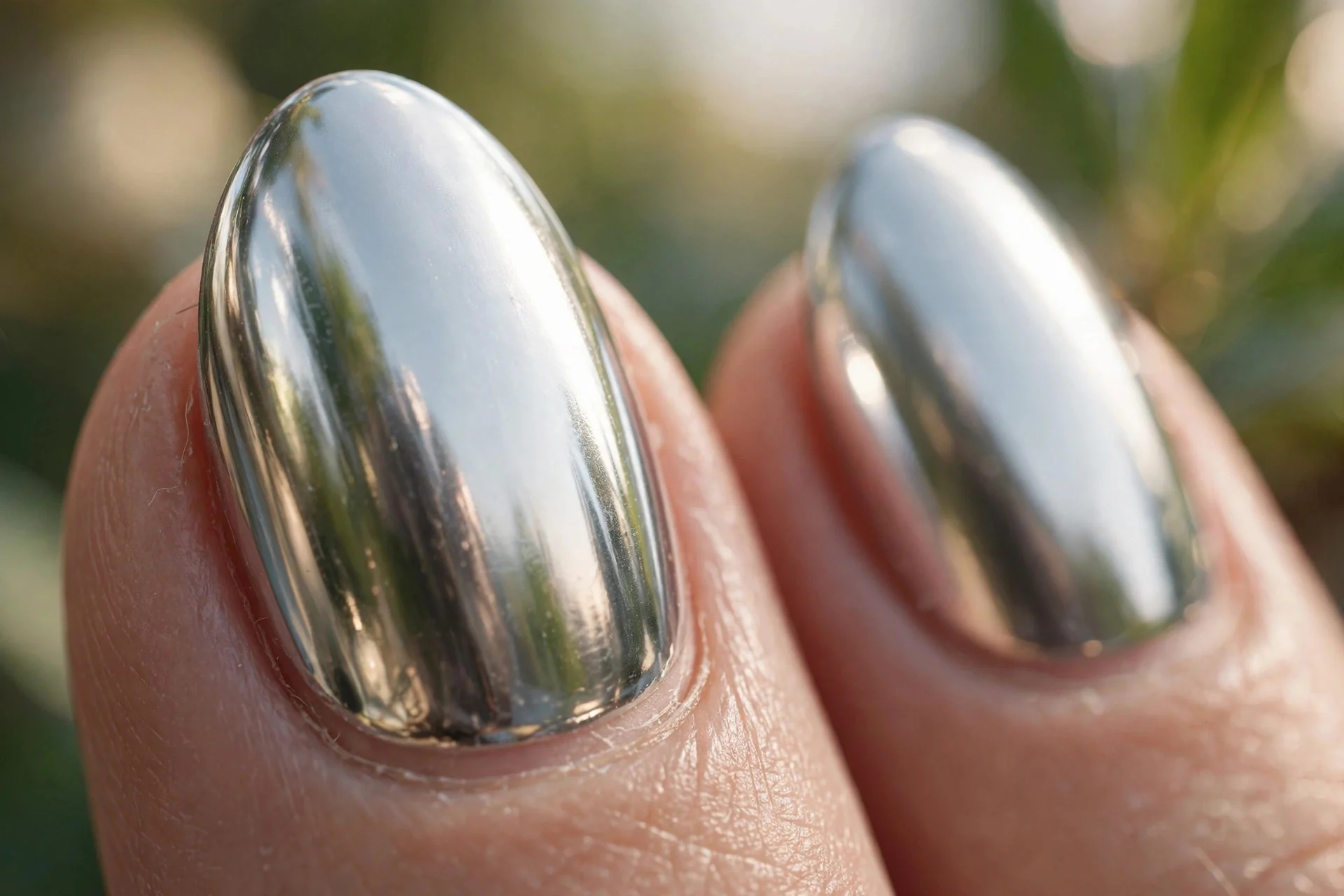 Almond nails in silver mirror chrome with a reflective finish