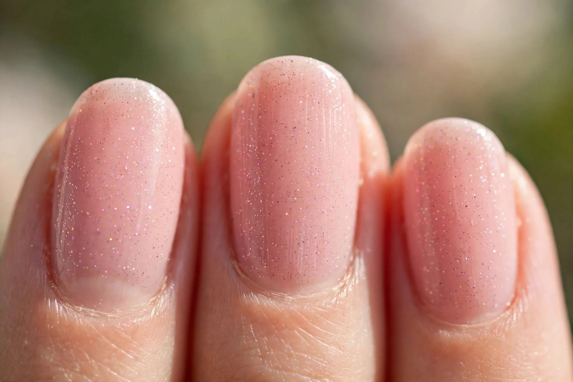 Short almond nails in blush pink with fine glitter sparkle
