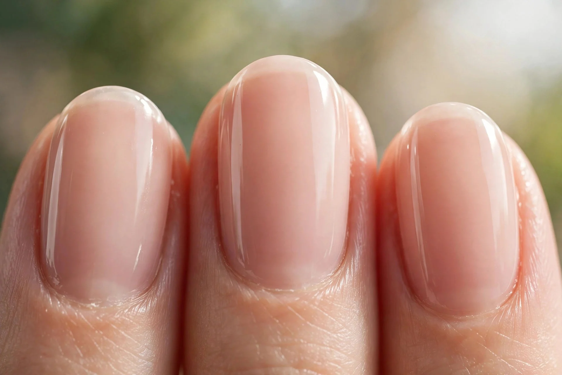 Short oval nails in sheer nude polish with a clean glossy finish
