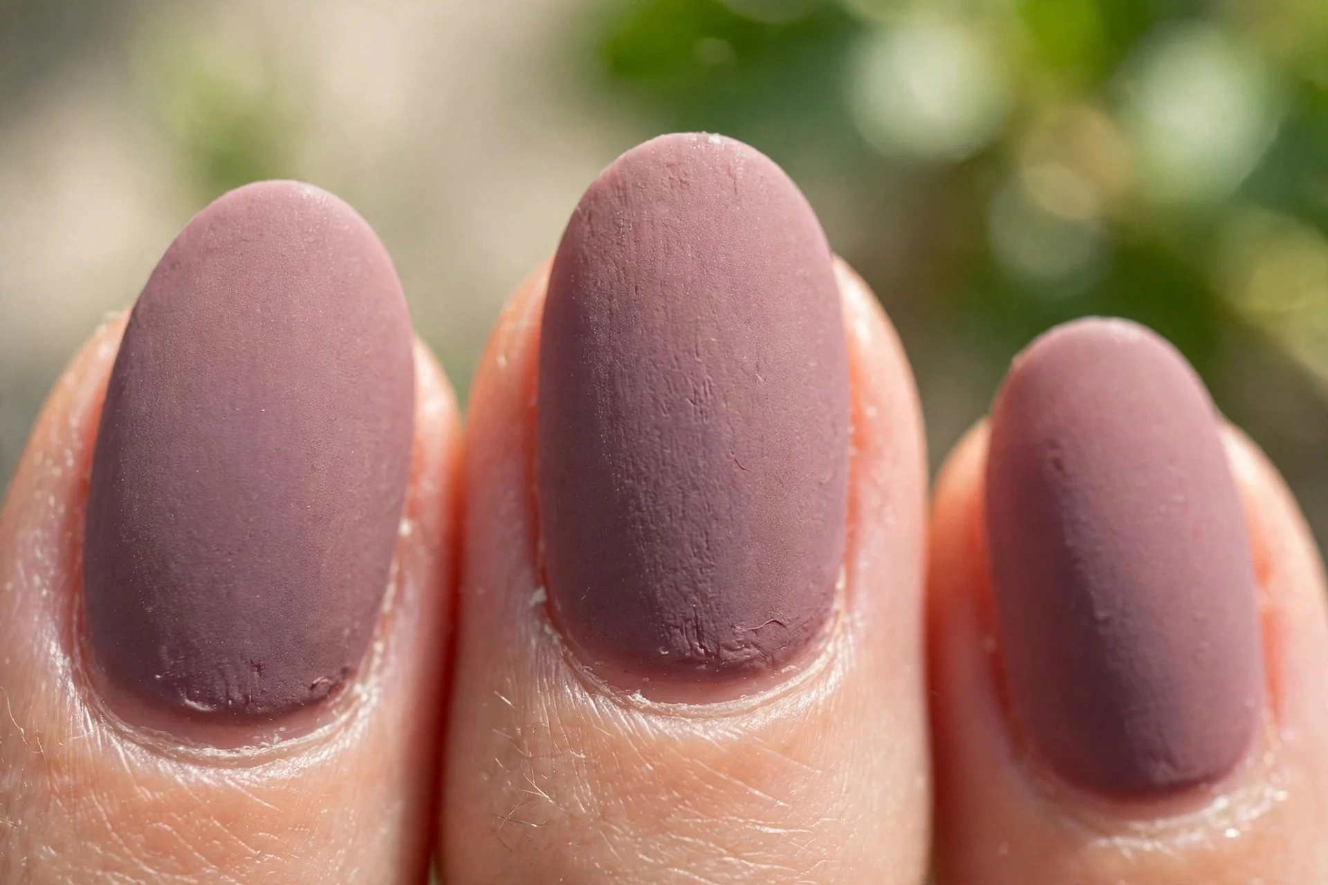 Short almond nails in mauve polish with a matte finish