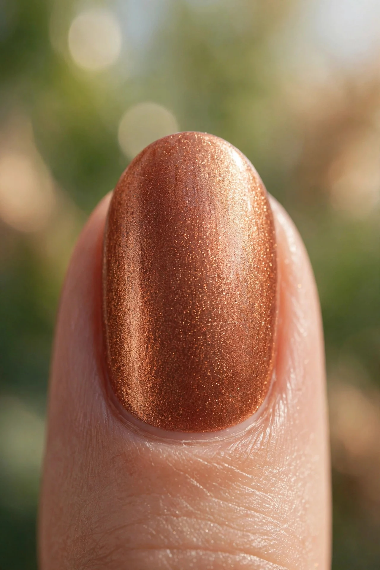 Oval nails in copper shimmer polish with a warm metallic glow