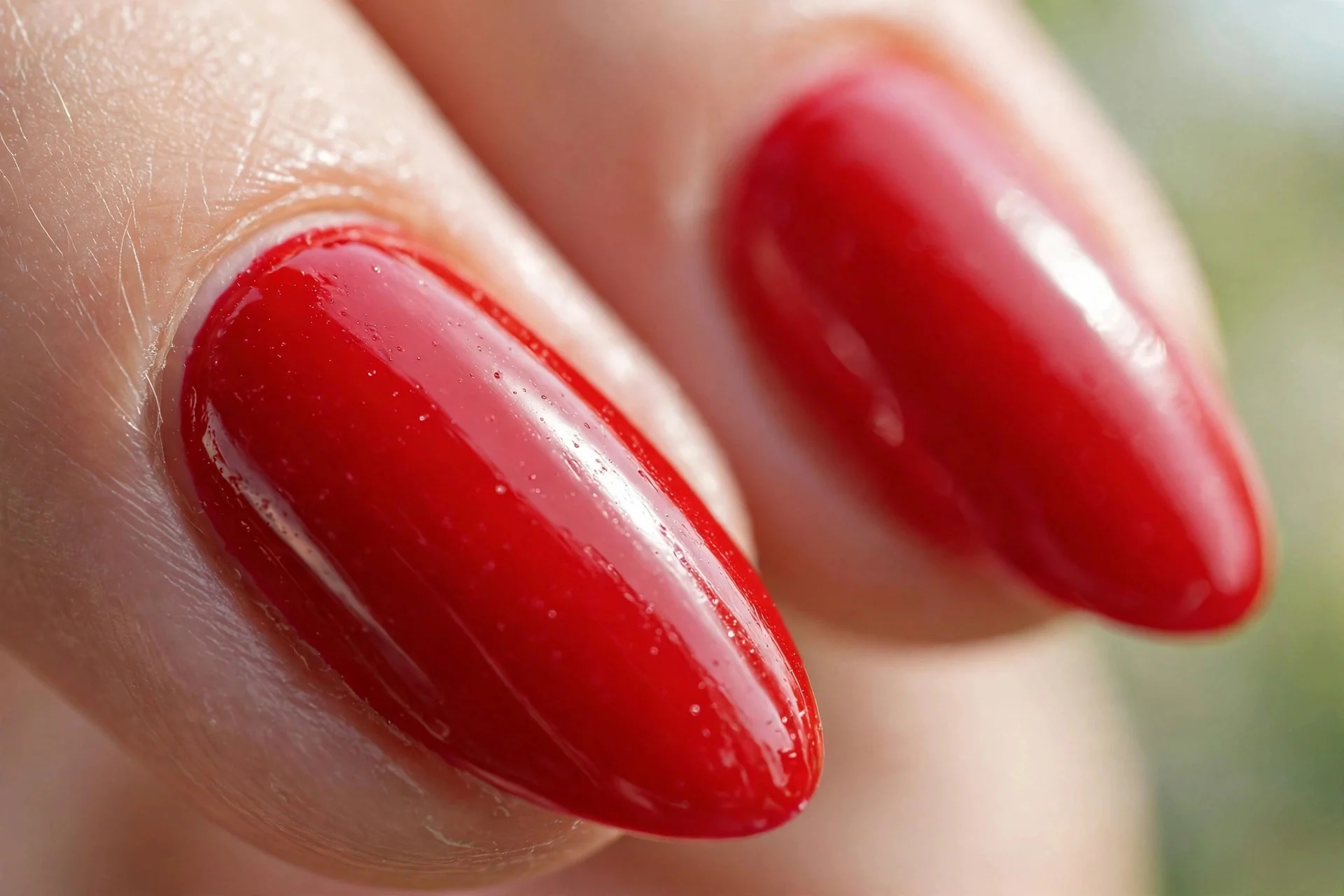 Almond nails in classic true red polish with a glossy finish