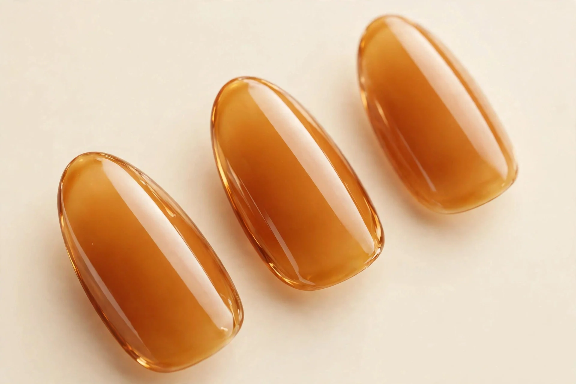 Almond nails in glossy warm amber gel with glass-like shine, cream background