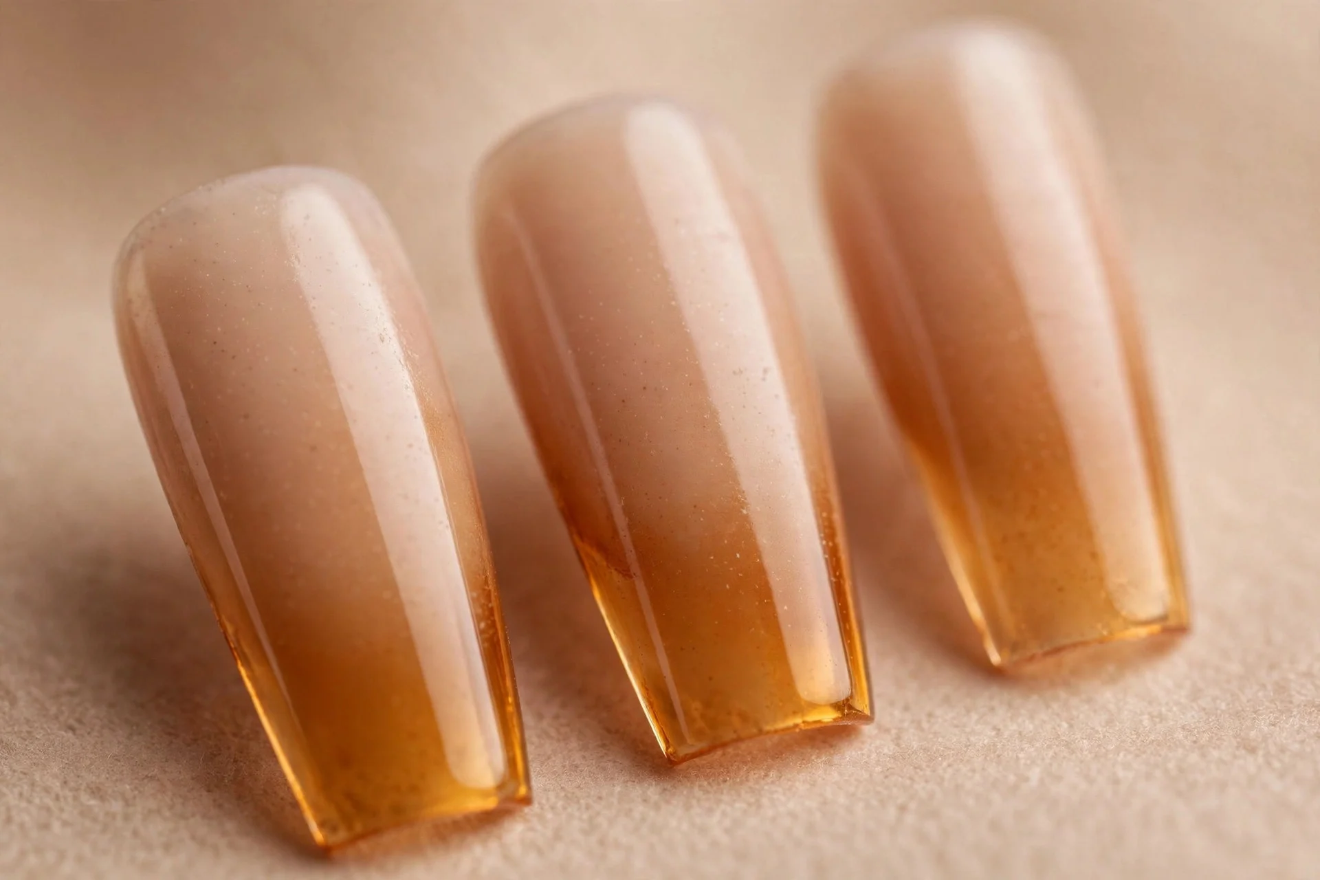 Coffin nails with amber-to-nude ombré gradient, warm beige background