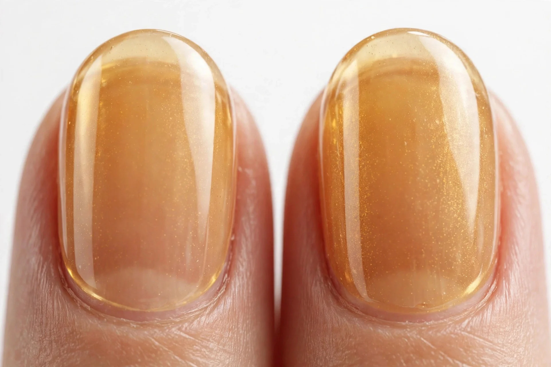 Natural oval nails with sheer golden honey jelly polish, soft white background
