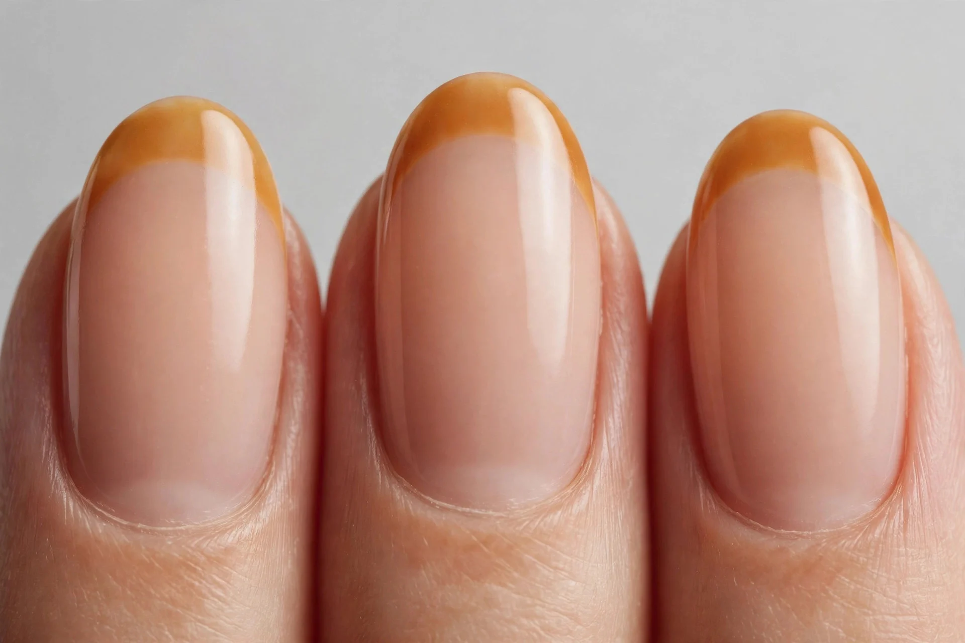 Oval nails with nude base and warm amber French tips, light grey background