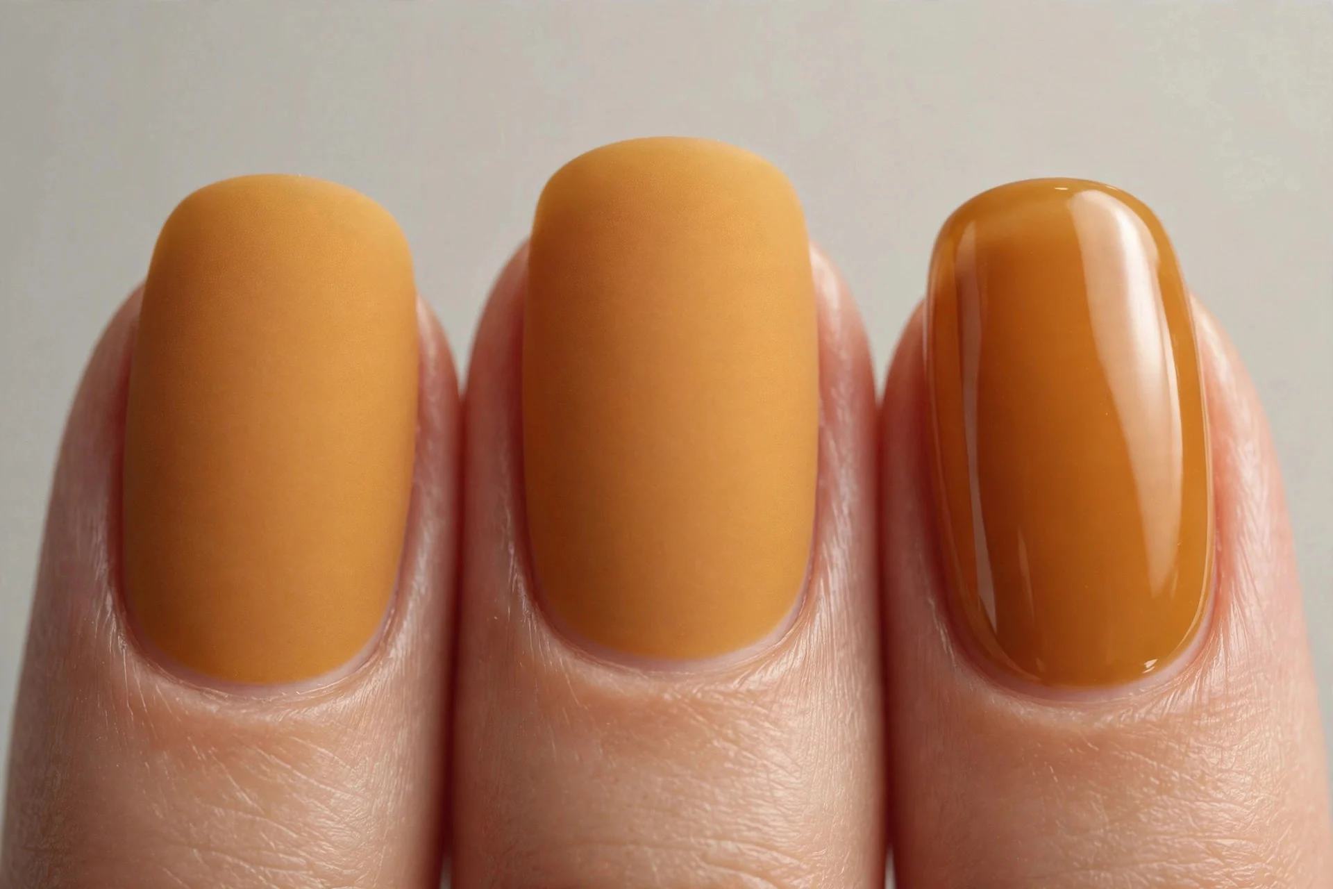 Matte amber nails with one glossy amber accent nail, neutral background