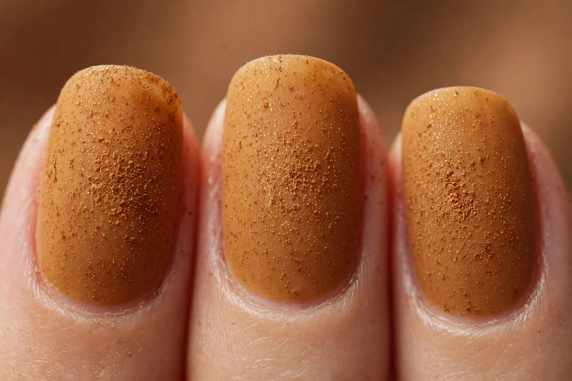 Matte amber nails dusted with fine cinnamon shimmer, warm brown background