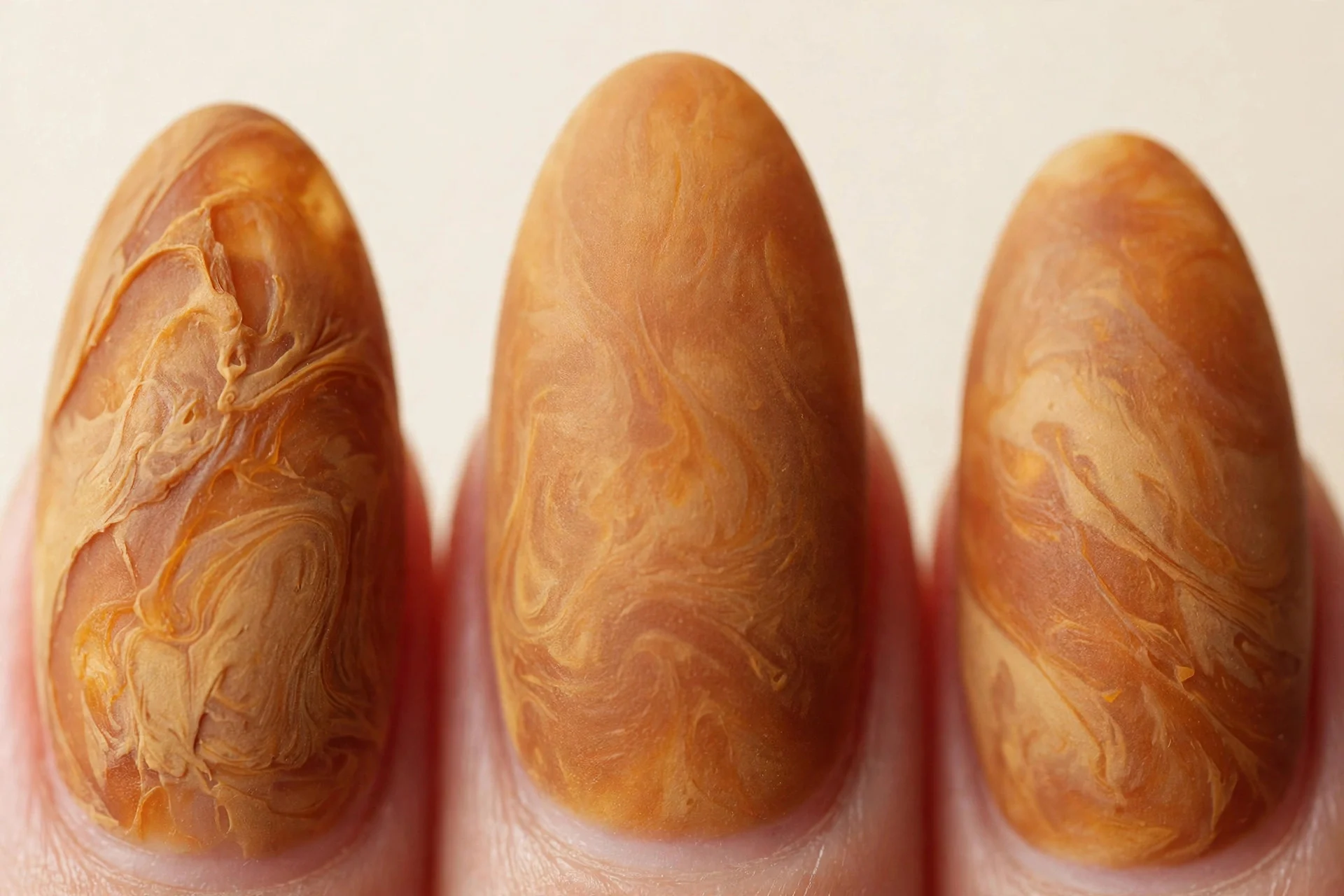Almond nails with matte caramel and amber marbled blend, cream background